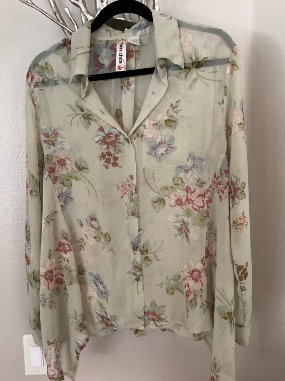 Mimi Chica pale green flowered shirt, blouse, size large